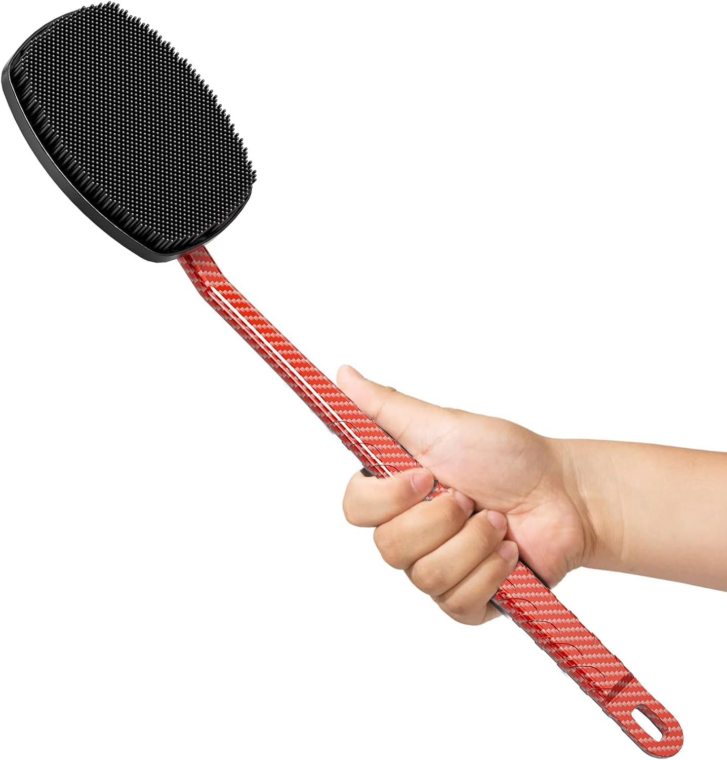 New Carbon Fiber- Red Silicone Back Scrubber for Shower, Back Shower Brush with Long Handle Back Scrubber for Men and Women