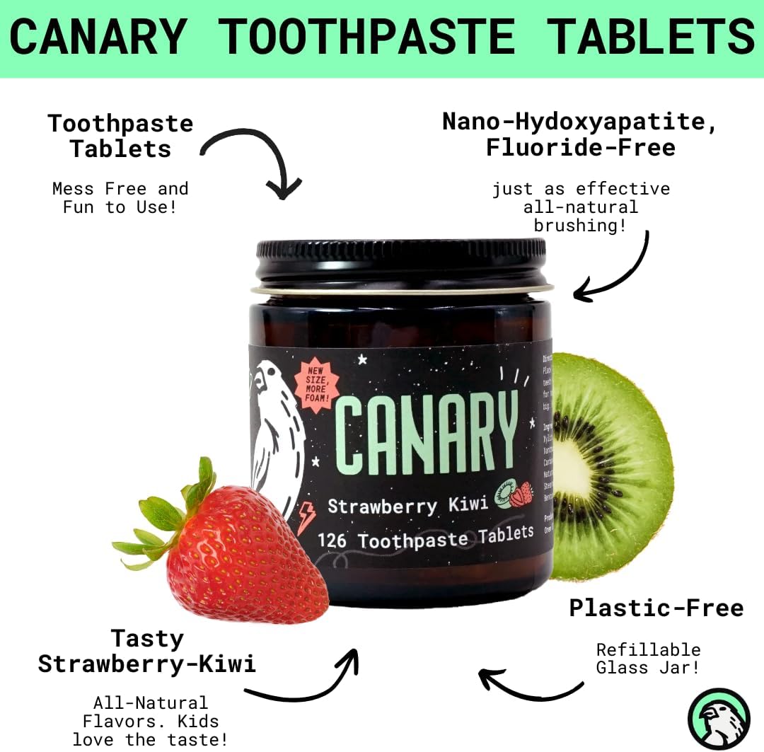 Canary Nano Hydroxyapatite Toothpaste Tablets Strawberry Kiwi - Remineralizing, Fluoride Free, All Natural Tabs with Xylitol - Great for Kids, Plastic Free - 189 Count
