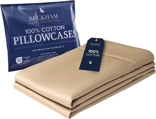 Beckham Hotel Collection Bed Pillowcases Standard/Queen Size Set of 2, 500TC 100% Cotton, Luxury Sateen Bedding, Open End, Breathable, Moisture-Wicking, Sand