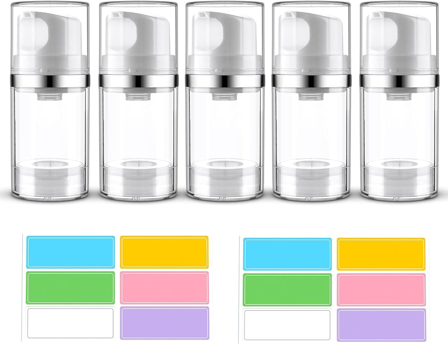 Airless Pump Bottles 1.7oz/50ml 5 Pack Travel Pump Bottles Lotion Dispenser for Toiletries Airless Cosmetic Pump Container Airless Pump Jar for Toiletries Shampoo Cream with Labels(Clear)