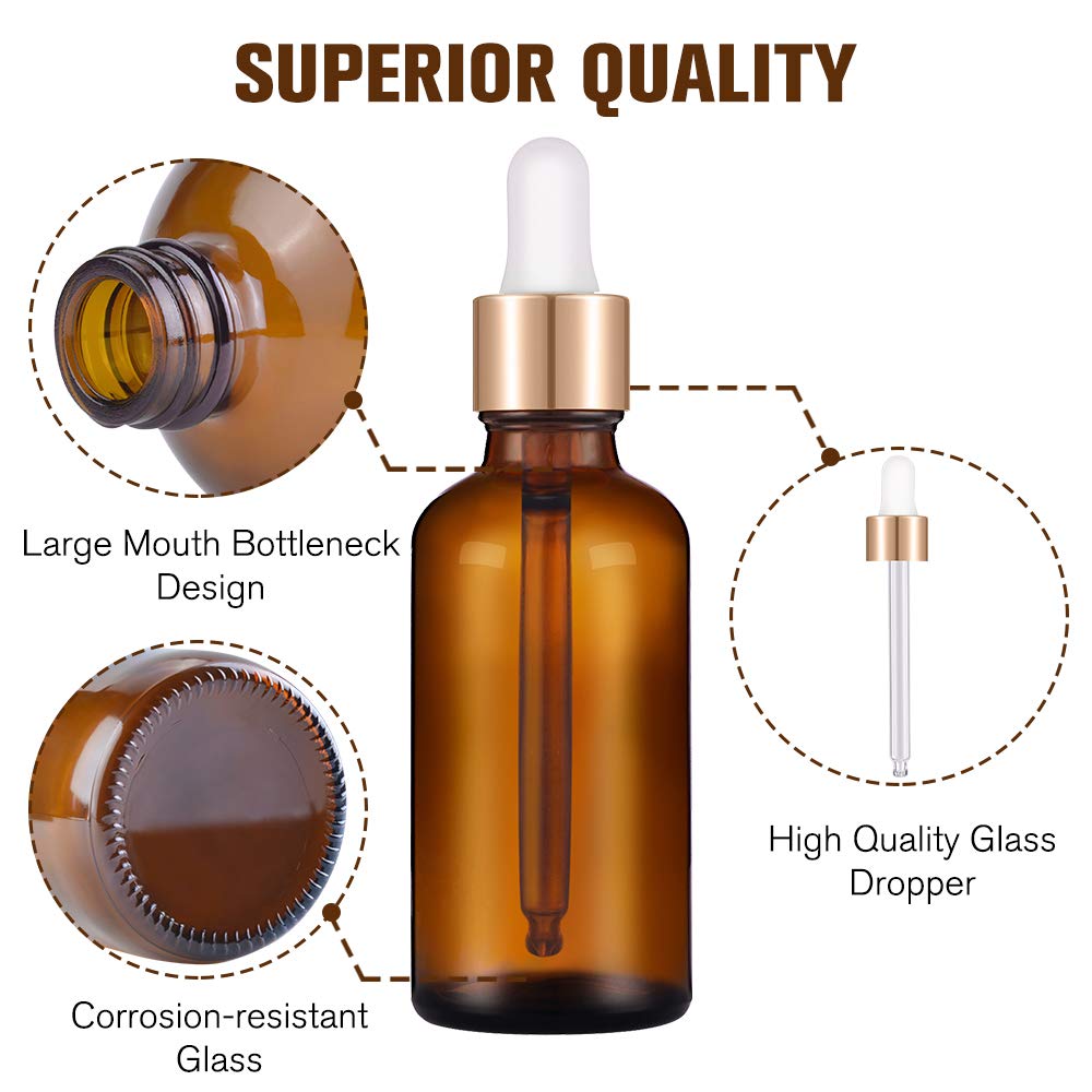 PrettyCare Glass Eye Dropper Bottles 99 Pack, 1oz (30ml) Amber Empty Thick Bottles Bulk with Leakproof Golden Caps - With Labels & Funnels for for Storage, Travel,Essential Oils, DIY Serums