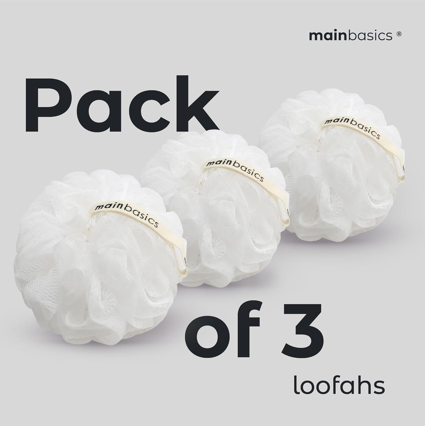 MainBasics Bath Shower Loofah Sponge Pouf Body Scrubber Exfoliator Body Wash Sponge (Set of 3, Snow White)