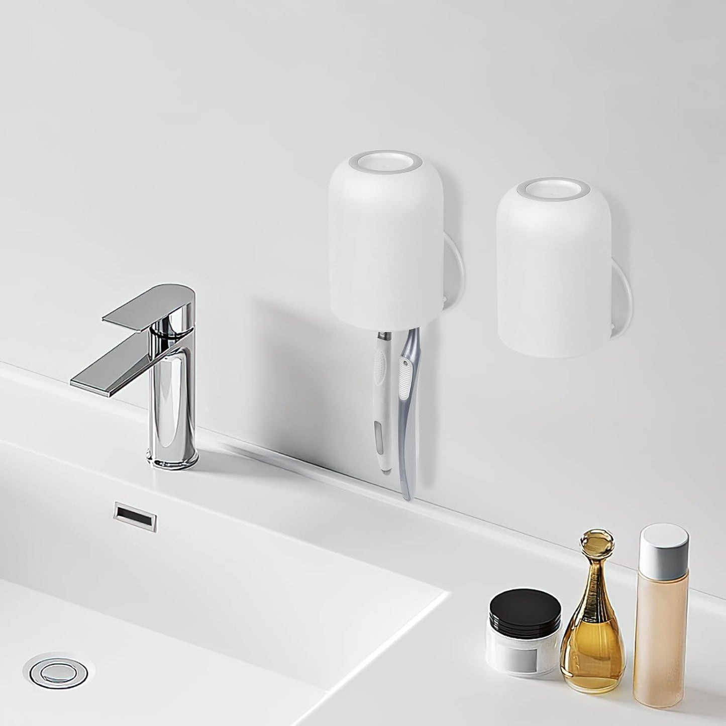 2 Pack Toothbrush Holders for Bathrooms Shower, Wall Mount Toothbrush Organizer with Mouthwash Cup, Self Adhesive Electric Toothbrush Storage, Easy to Clean Toothbrush Hanger