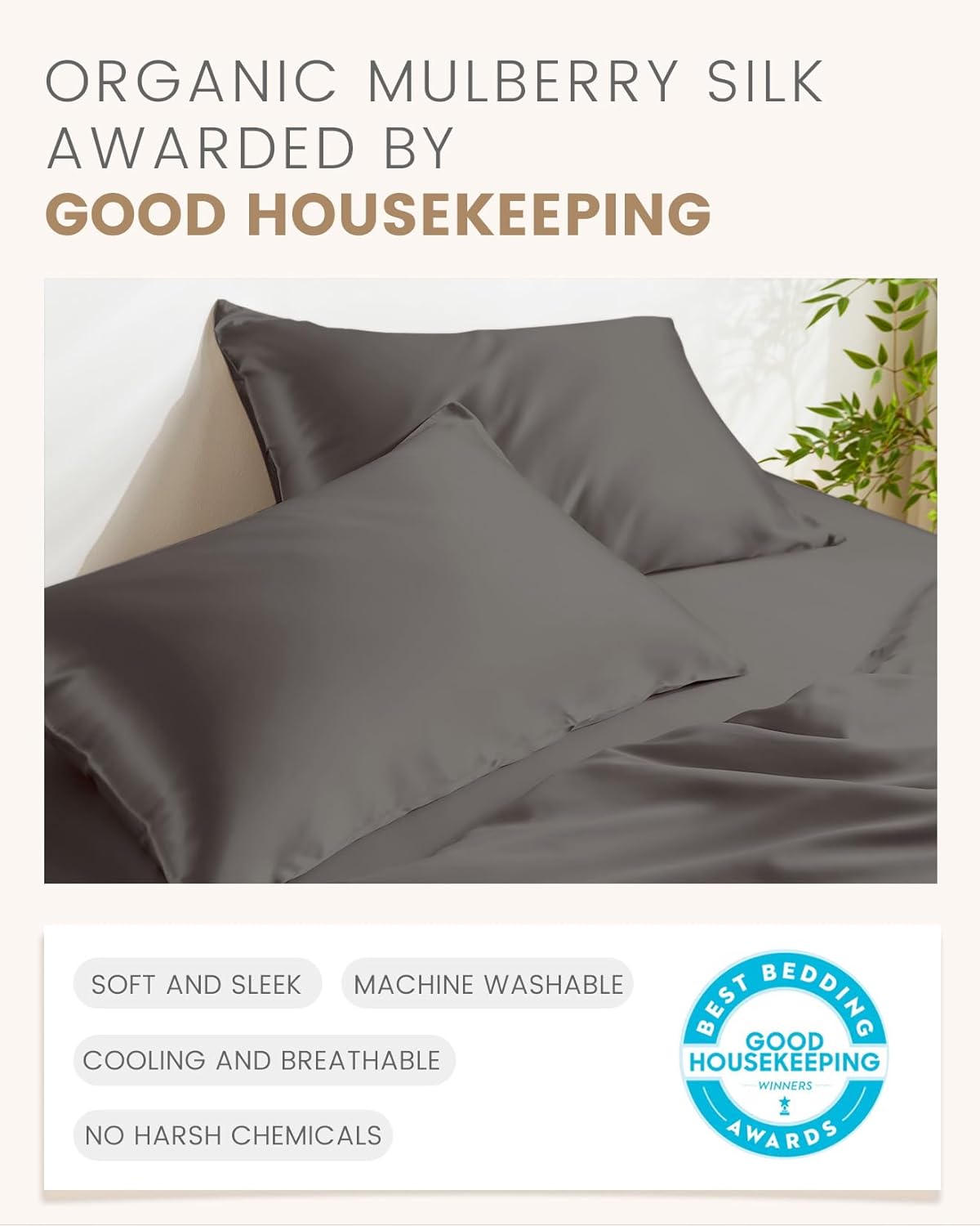 THXSILK 100% Mulberry Silk Pillowcase, 6A+ High-Grade Fibers Silk Pillowcase for Hair and Skin, King Size 20"x36" Silk Pillow Case with Hidden Zipper - Dark Grey