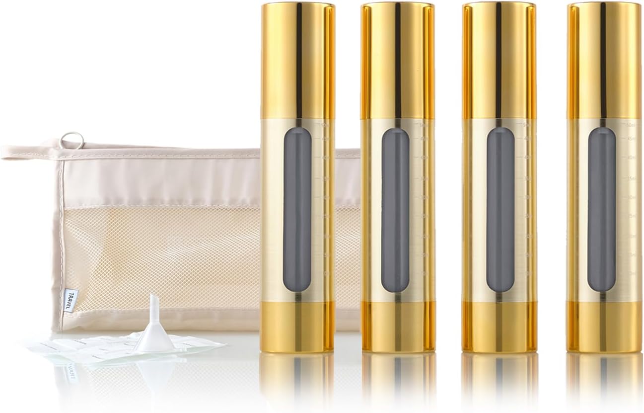 Gold, empty cosmetic pump bottle with travel bag, refillable, vacuum pump bottle for lotion, toner, foundation make-up, hair oil, hand sanitizer and other liquids, 7 pieces (1.7 oz/50ml)