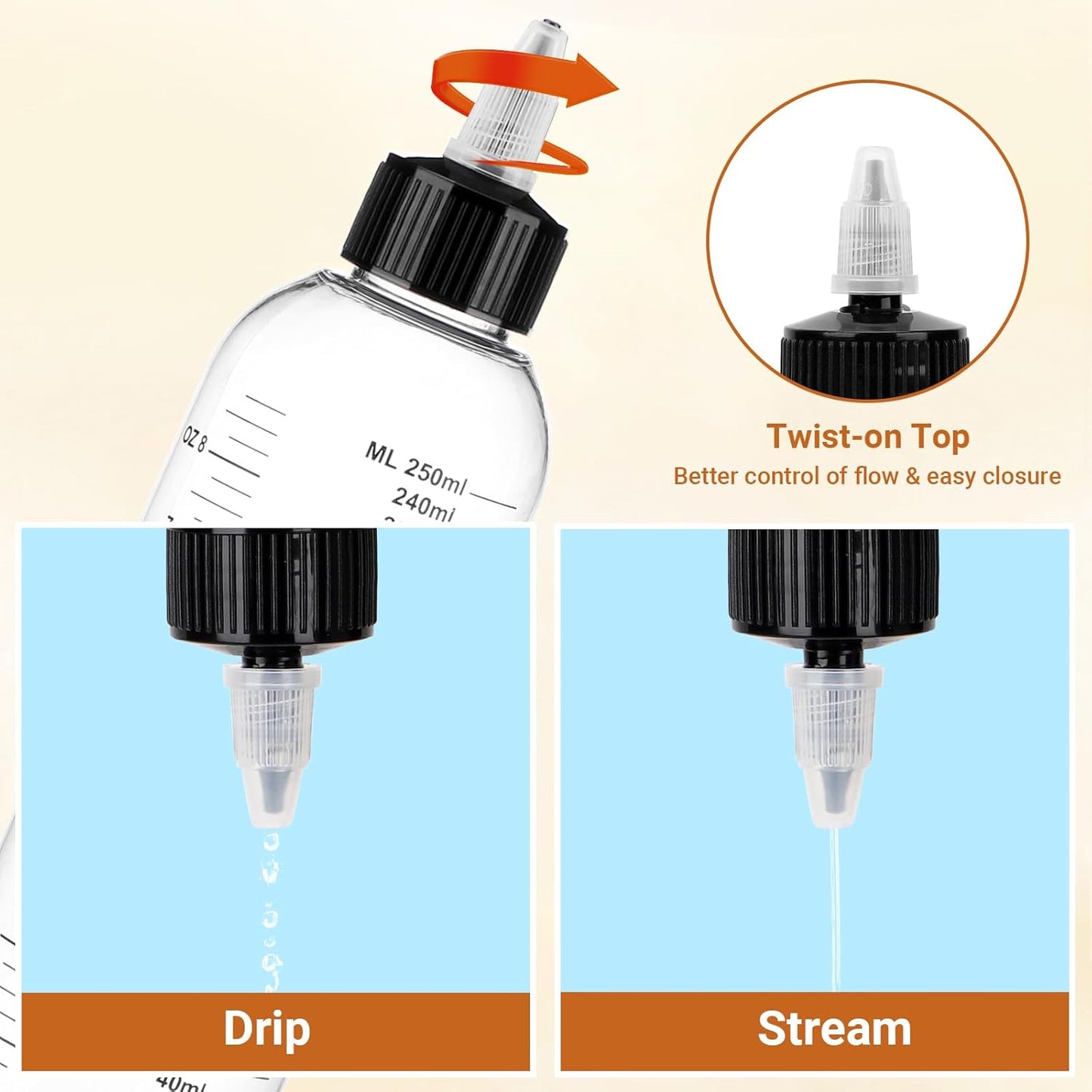 Segbeauty 8.5oz Twist Top Applicator Bottle, 4pcs 250ml Measured Hair Dye Bottles, Clear Empty Hair Oil Bottle with Ratio Graduated Scale, Hair Color Squeeze Bottle Application Bottles for Hair Dyeing