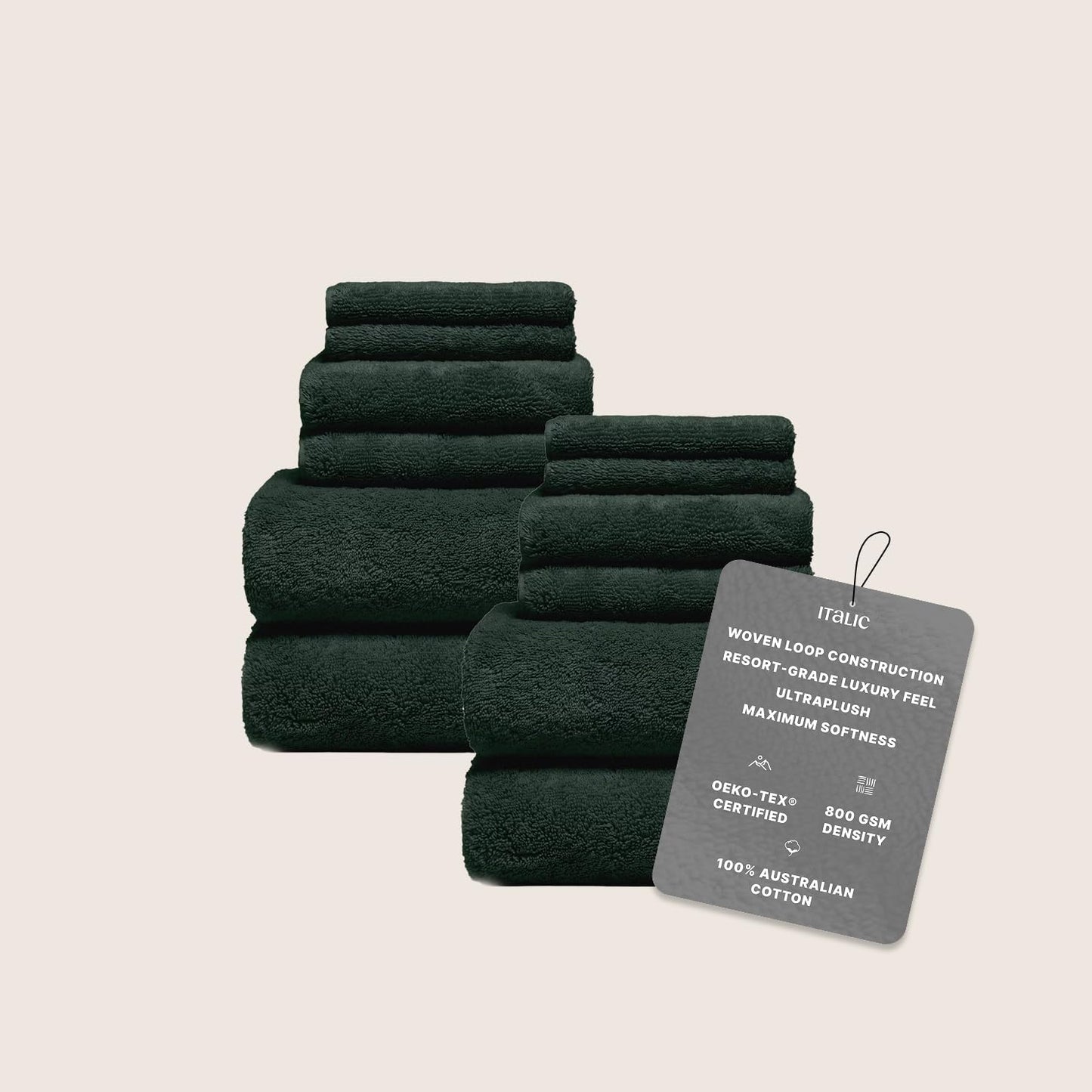 Italic Ultraplush 12-Piece Family Towel Set – Luxury Bath Towels, Hand Towels & Washcloths – Plush, Quick Dry, 800GSM 100% Australian Cotton for Bathroom & Spa - White & Blue (Deep Forest)