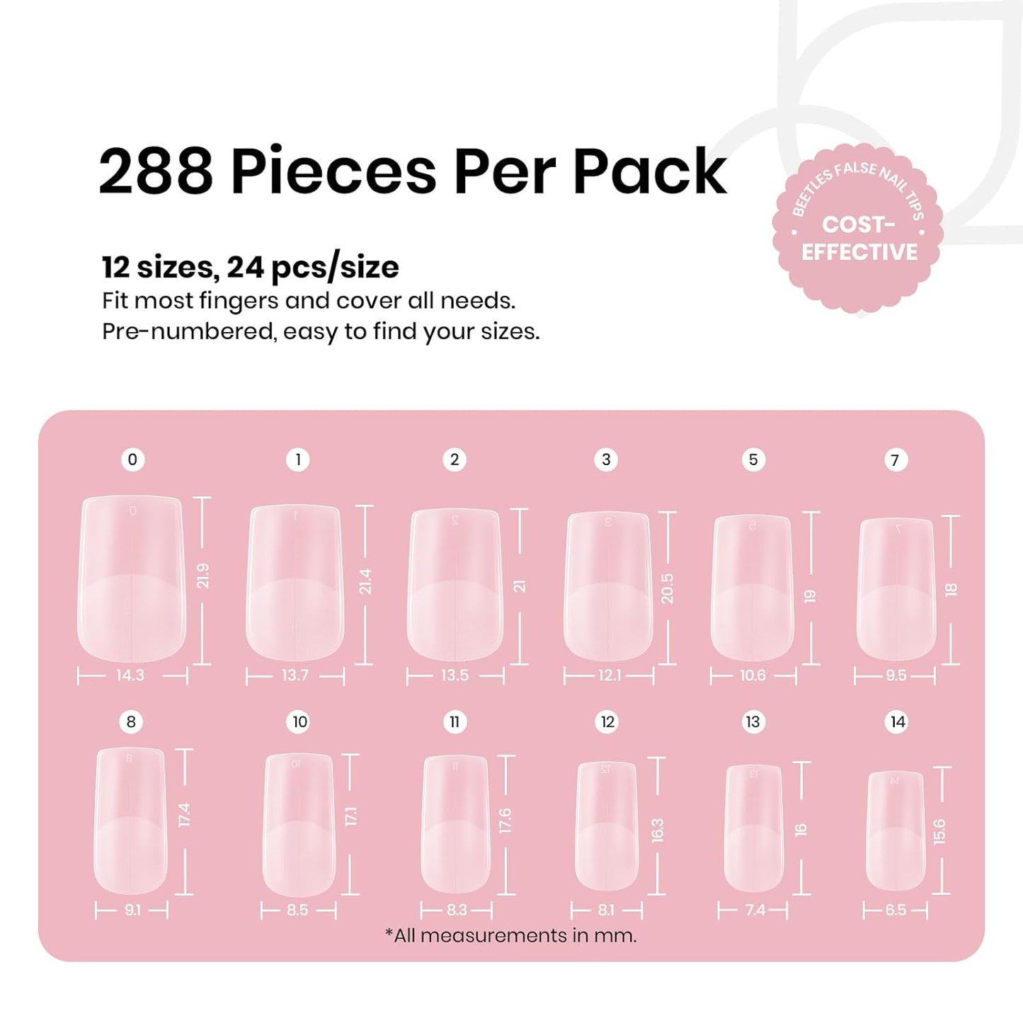 Beetles Short Square Nail Tips, 12 Sizes 288pcs French Full Matte Soft Pre-shaped Etch X Nail Tips, Full Cover False Nails Fake Acrylic Nails No Filing Needed for Nail Extensions Home DIY Nail Salon