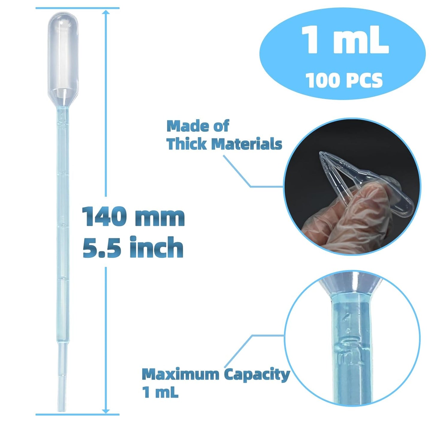 1mL Pipettes Dropper 100PCS, Premium Disposable Plastic Transfer Pipette for Essential Oils, Lab, Health Care, Crafts, Measuring and Transferring a Variety of Liquids - Eye Dropper