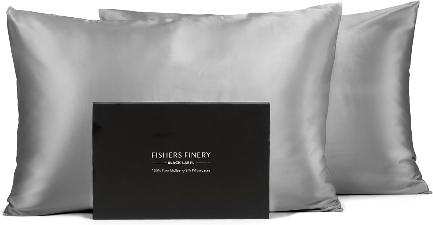 Fishers Finery 30mm 100% Pure Mulberry Silk Pillowcase Set, Quality Tested (Silver, Queen, 2 Pack)