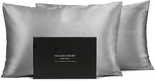 Fishers Finery 30mm 100% Pure Mulberry Silk Pillowcase Set, Quality Tested (Silver, Queen, 2 Pack)