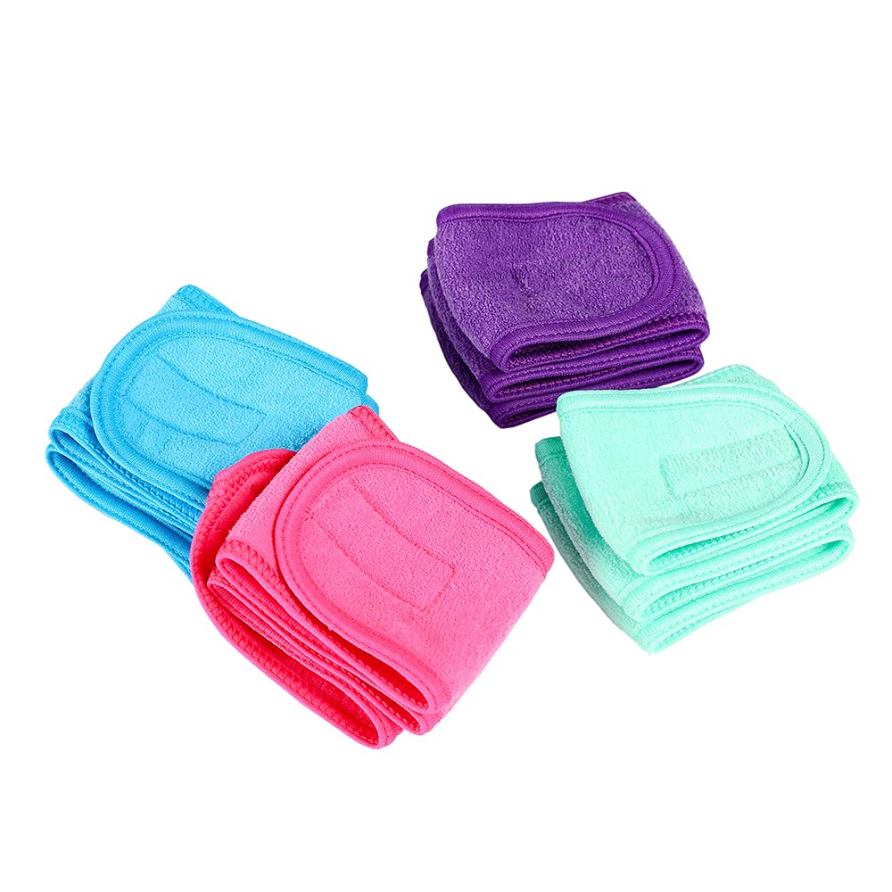 Facial Spa Headbands 4pcs, Makeup Shower Bath Wrap Sport Headband Terry Cloth Stretch Towel with Magic Tape (Blue, Mint Green, Purple, Rose)