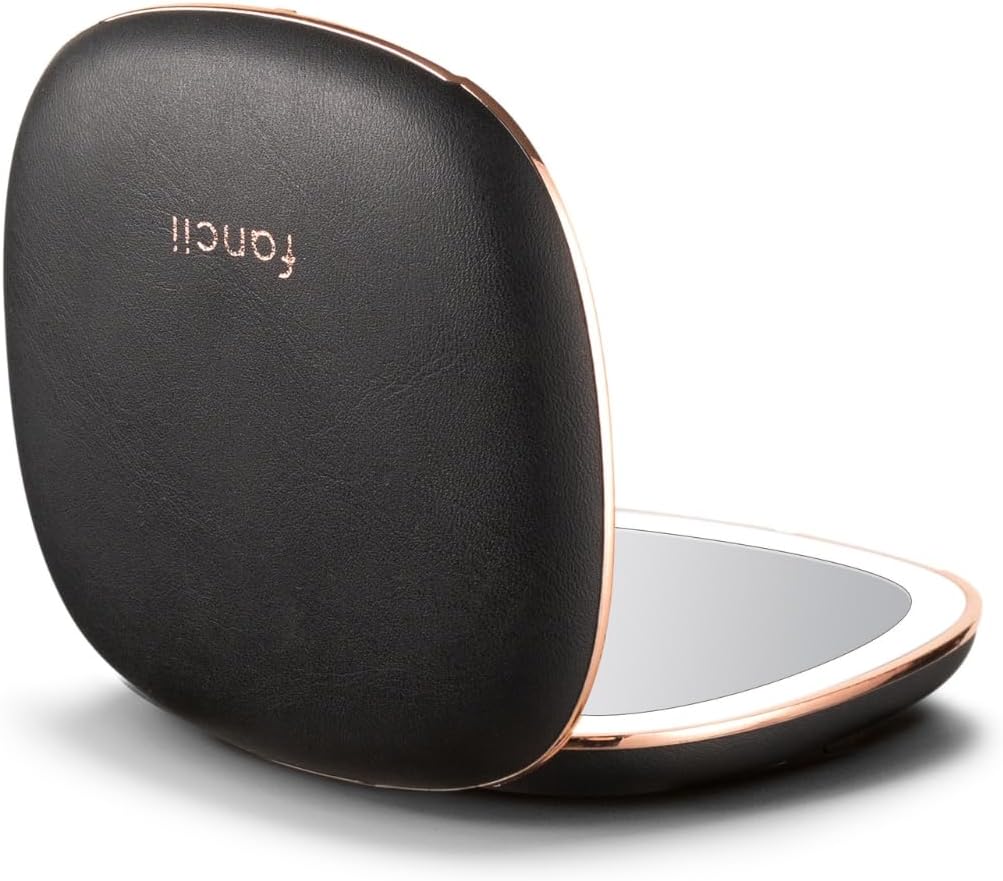 Fancii Mila 2 Compact Magnifying Makeup Mirror with LED Light, Rechargeable, 10x /1x Magnification, Tru-Glow Lighting System, Vegan Leather, Small Travel Mirror for Purses (Midnight Majesty)