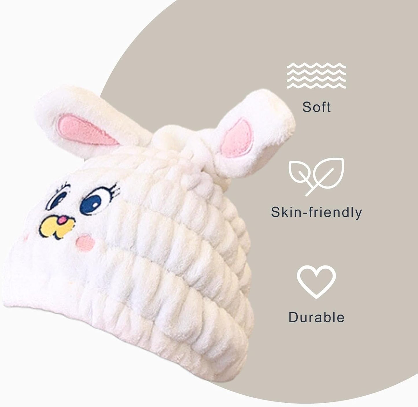 Microfiber Hair Towel Wrap for Kids, White Rabbit Dry Hair Cap Suck Water, Absorbent Quick Girls Boys Hair Drying Towel, Lightweight Bouncy Hat Headscarf for Wet Hair