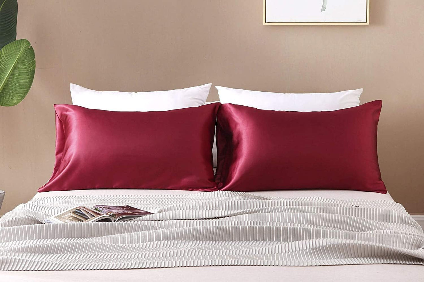 Juwenin Bedding,Luxury Satin Pillowcase with Zipper (Silky Satin Pillow Case for Hair) Set of 2 (Burgundy, Standard(20''x26''))