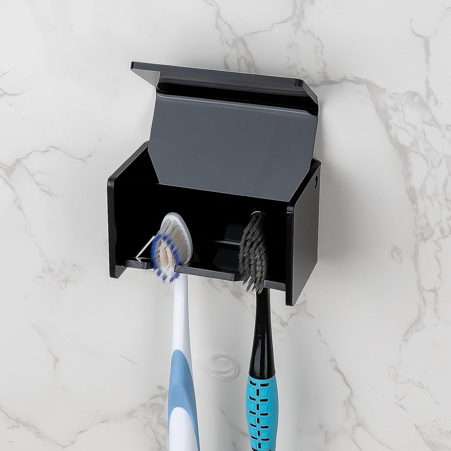 Toothbrush Holder Wall Mounted with Cover for Bathroom, 2 Slots Toothbrush Storage Organizer for Shower, Self Adhesive Toothbrush Hanger Rack for Dorm, Cabinet (Black)