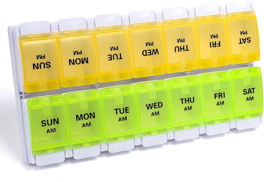 Sukuos AM PM Weekly Pill Organizer 7 Day, 2 Times A Day Medicine Pill Box with Easy Push Button, BPA Free Vitamin Cases for Fish Oil/Supplements, Easy to Clean (Yellow&Green)