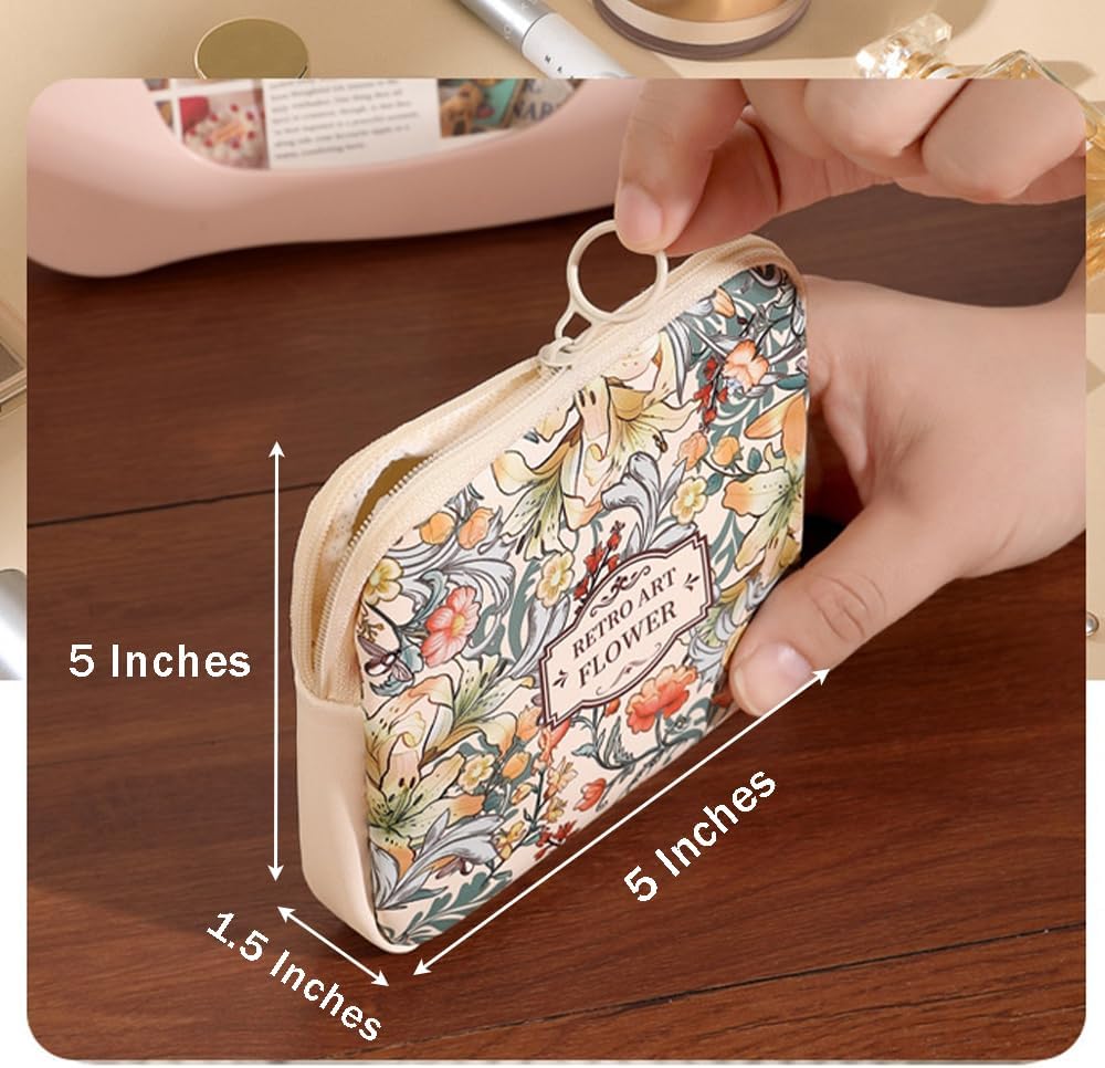 Sanitary Napkin Storage Bags,Portable Menstrual Cup Nursing Pad Tampon Storage Pouch,Leather Oil Painting Flower Travel Makeup Bags Coin Purse Sundries Pouch with Zipper
