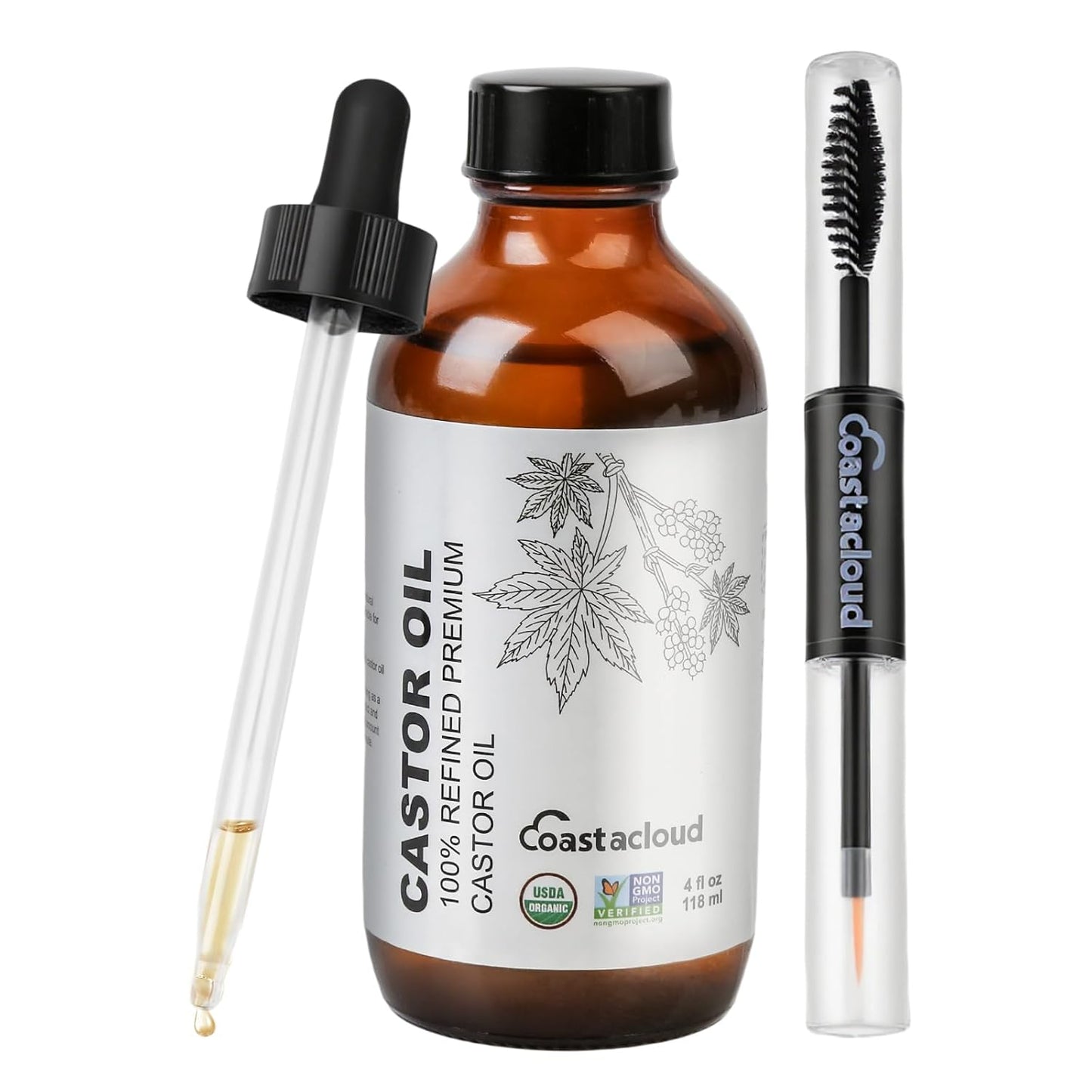 Organic Castor Oil 100% Pure Hexane-Free 4oz Castor Oil with Mascara Tube, Natural Lash Serum Eyebrow Eyelash Growth Serum for Nail Hair Care, Skin Moisturizer, Glass Bottle with Dropper
