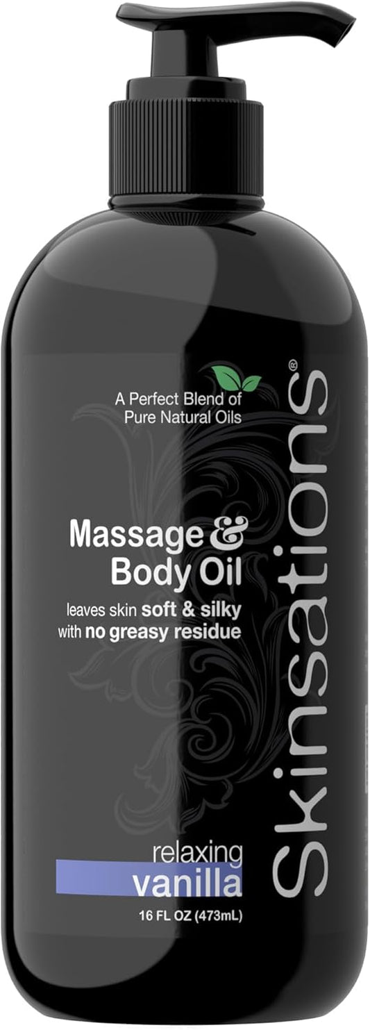Skinsations - Vanilla Massage Oil for Massage Therapy - 16oz | Body Oil for Relaxation, Sore Muscles & Aromatherapy | Sweet Almond, Coconut, Jojoba & Grapeseed Blend
