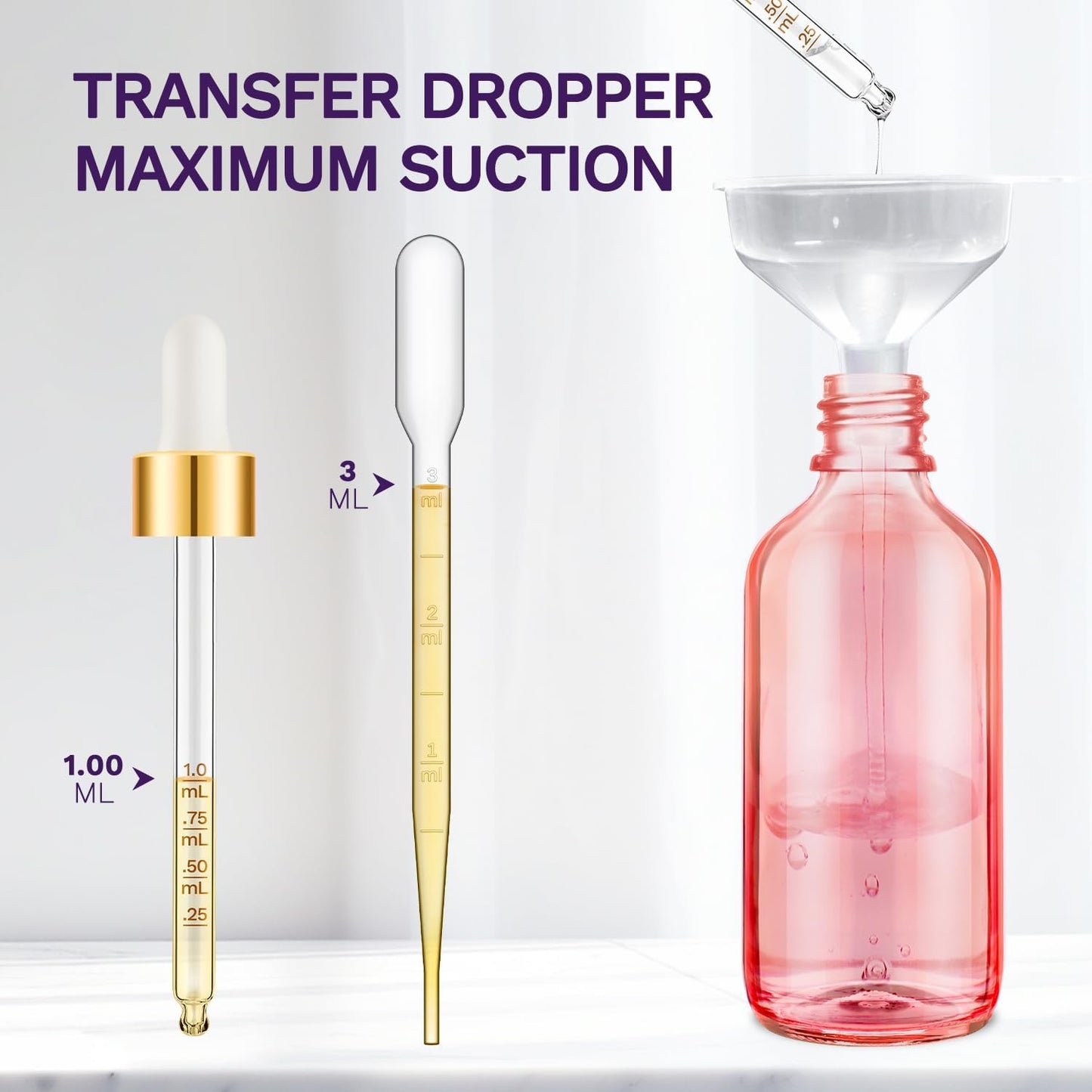 Bumobum 2 Pack, 100ml Pink Glass Dropper Bottle- 3.4 oz Glass Tincture Bottles with 1 Funnel & 1 Pipette & 4 Labels, Leakproof Eye Dropper for Oils, Liquids