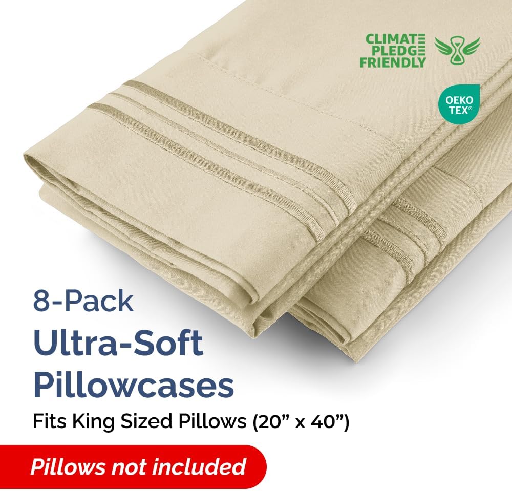 King Pillow Cases Set of 8 - Ultra Soft Hotel Quality Pillowcase Covers - Comfy & Wrinkle Free - Shrink, Stain and Fade Resistant - Easy-Care, Machine Washable Pillow Protectors - 8 Piece Set - Cream