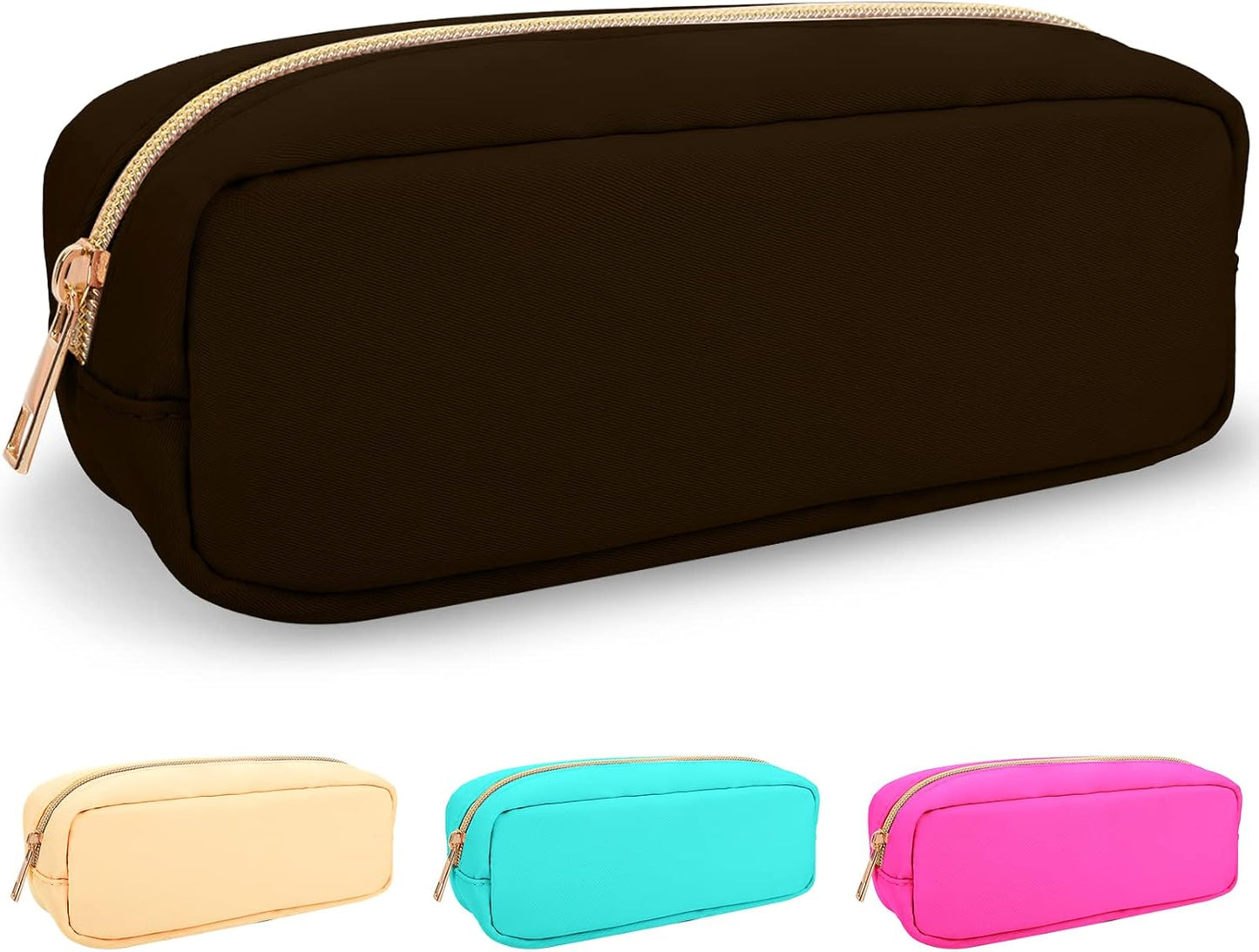 izuzta Nylon Small Makeup Bag Slim Pouch, Preppy Cute Makeup Brush Case Bag Cosmetic Zipper Pouch for Purse, Waterproof Travel Toiletry Bag Clutch Coin Pouch Make Up Organizer for Women(Brown)