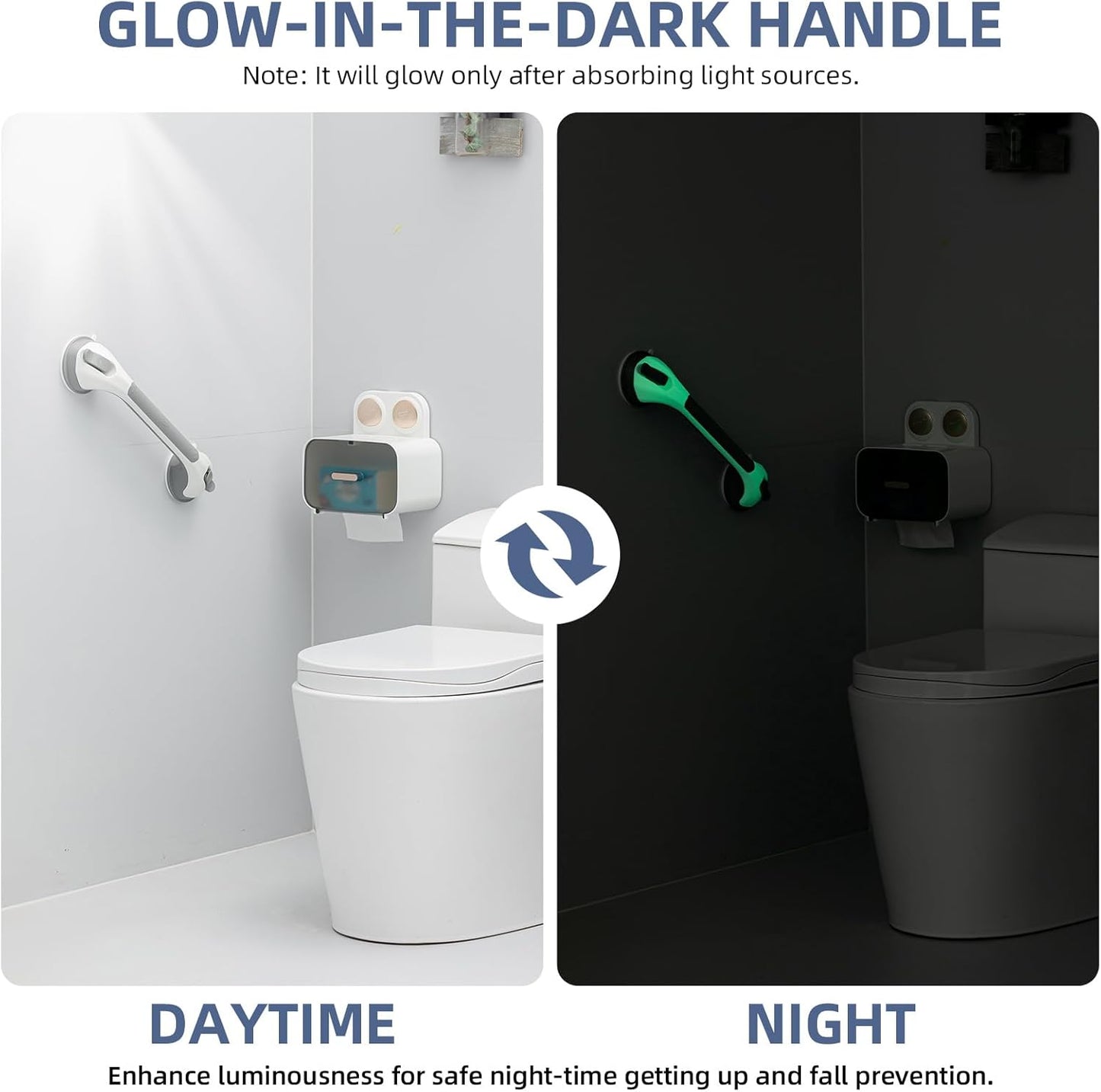 Grab Bars for Bathtubs and Showers 2 Pack Glow in The Dark, 17 inch Suction Grab Bar, Shower Handle Safety Grip Handrail for Seniors and Elderly, Removable Waterproof No Drilling, Grey