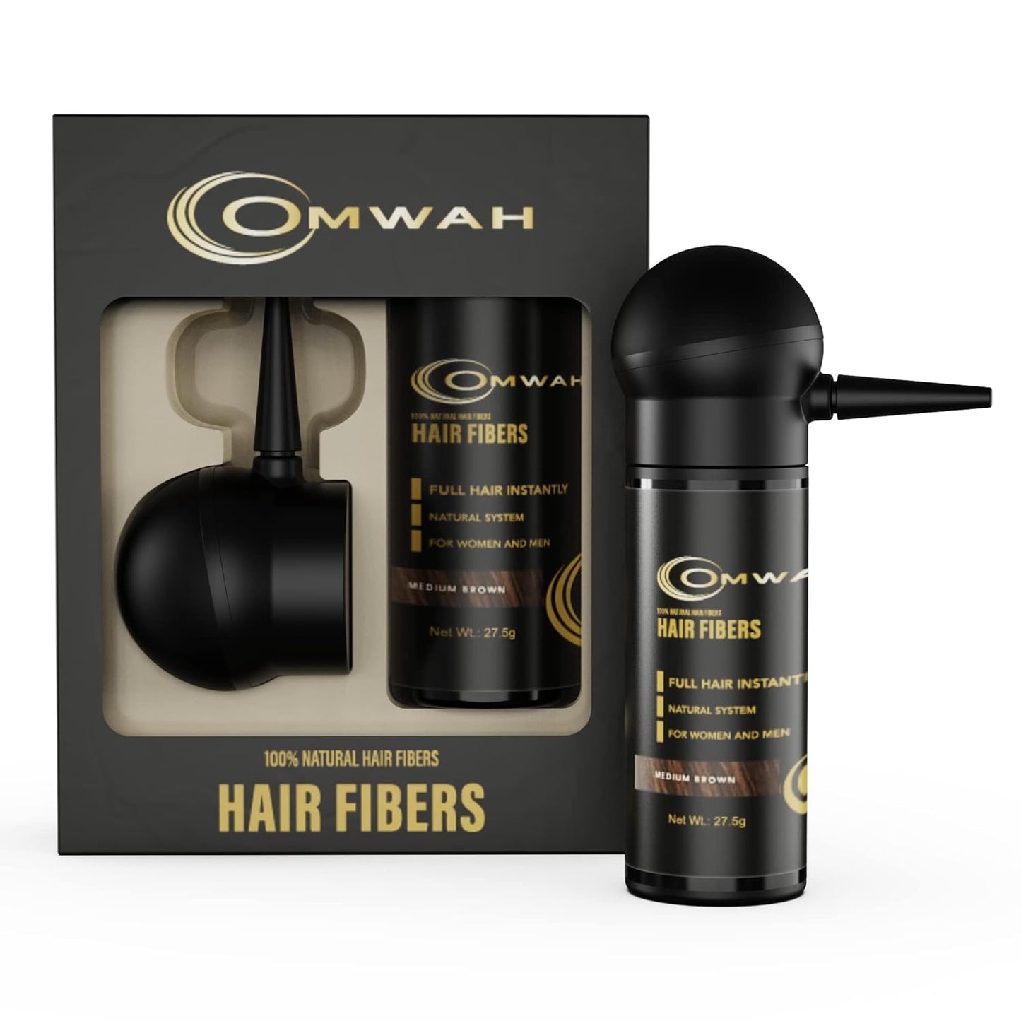 OMWAH Hair Fibers for Thinning Hair Men - 2-in-1 Kit 27.5g, Hair Building Fibers & Spray Applicator, Natural Thick Hair Filler, Conceals Hair Loss (Medium Brown, 27.5g)