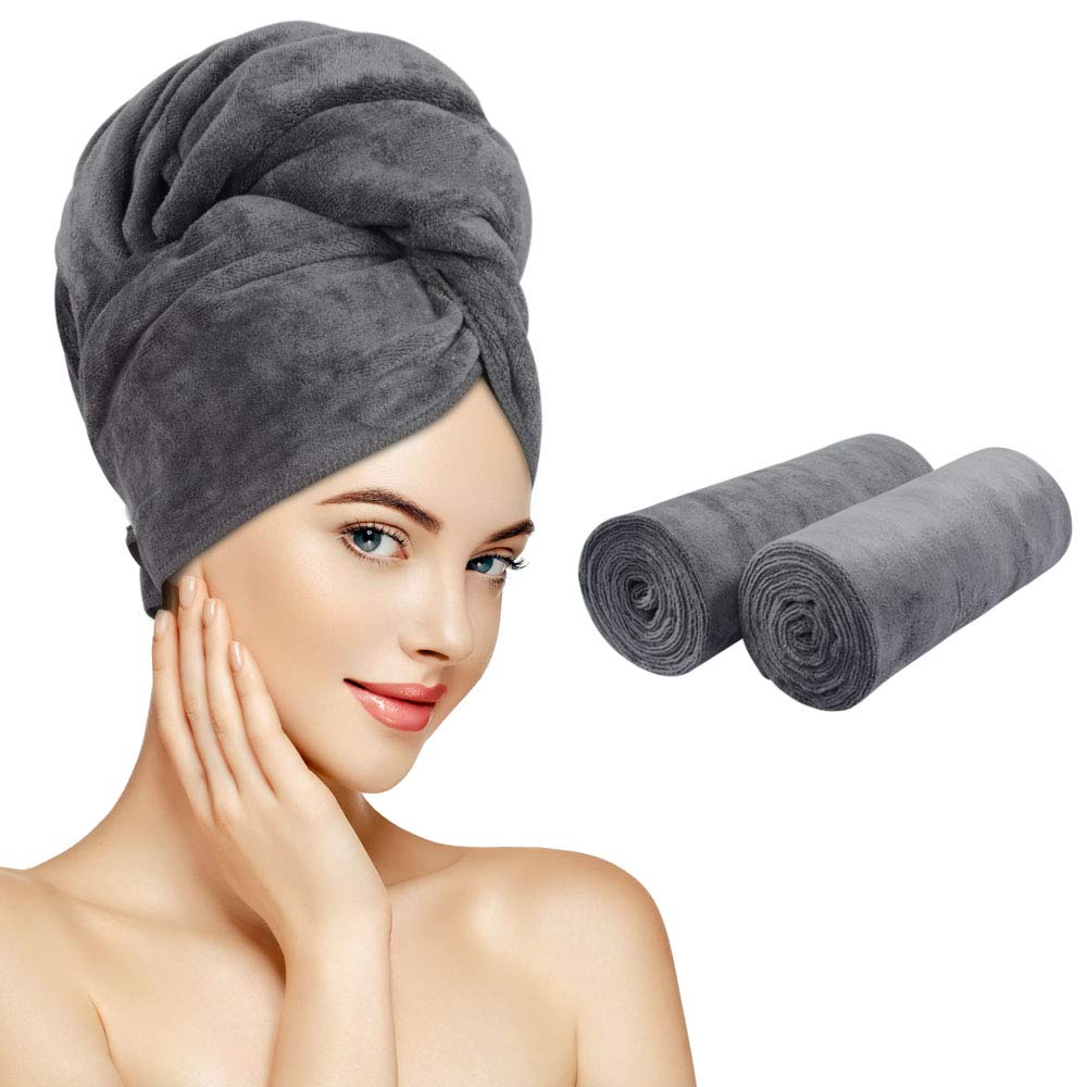 SUNLAND Microfiber Hair Towels Anti Frizz Hair Drying Towel Super Absorbent Fast Drying Turbans for Wet Curly Hair Soft Hair Towel Wrap with Elastic Band for All Hair Types 40 X 20 inches 2Pack Grey