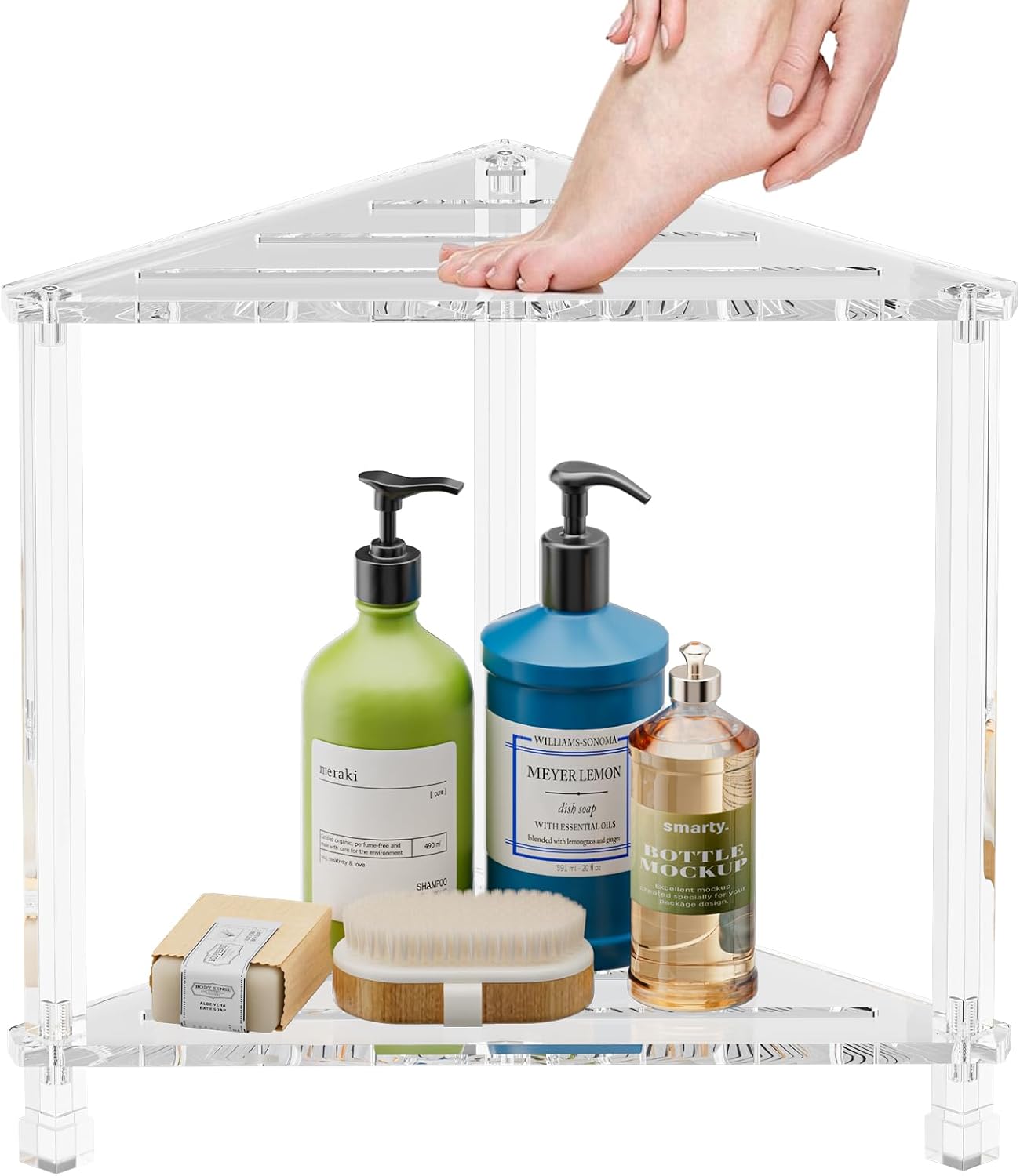 Corner Shower Stool 16in: Waterproof Small Foot Rest with Anti-Slip Feet for Shaving Legs - Acrylic Corner Shower Bench with Storage Shelf for Inside Spaces