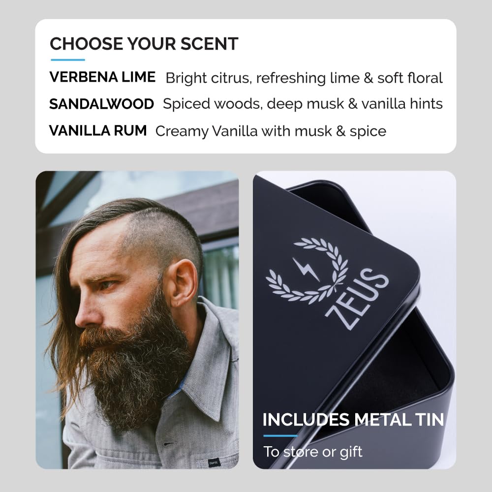 ZEUS Everyday Beard Kit for Men, Facial Hair Shampoo, Conditioner, Oil, Balm & Tin Gift Box, Premium Beard Care & Grooming Set (Made in USA) Vanilla Rum