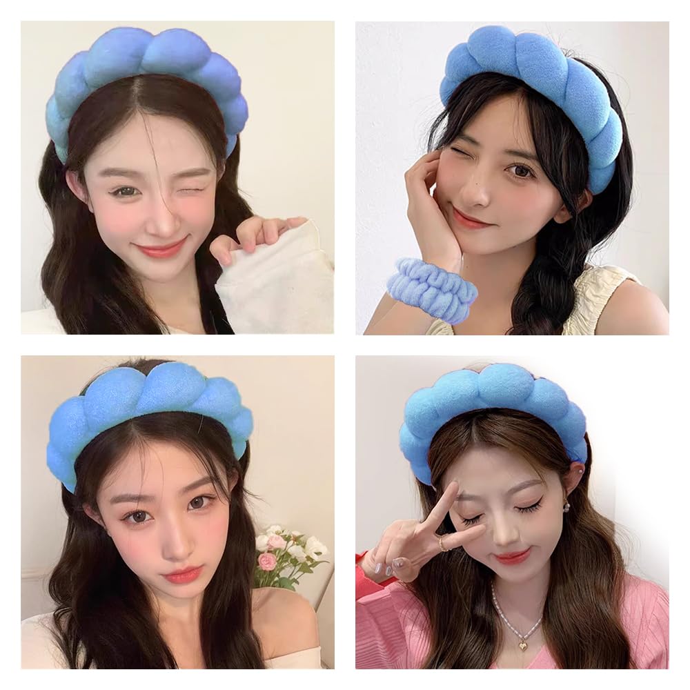 Spa Headbands for Washing Face Wristband Set Sponge Makeup Skincare Headband Wrist Towels Bubble Soft Terry Towel Cloth Hairband for Women Puffy Headwear Non Slip Thick Thin Hair Headwear (Dark blue)