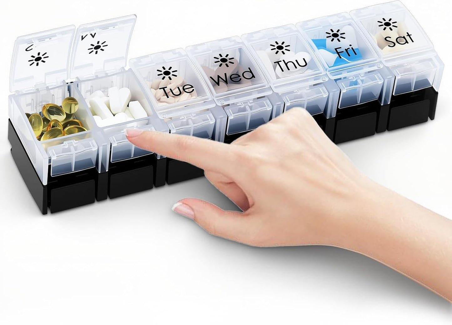 XL Large AM/PM Weekly Pill Organizer Arthritis Friendly, 2 Times a Day Pill Box with Spring Open Design, 7 Day Vitamin Case with Push Button Compartments (Black&White)
