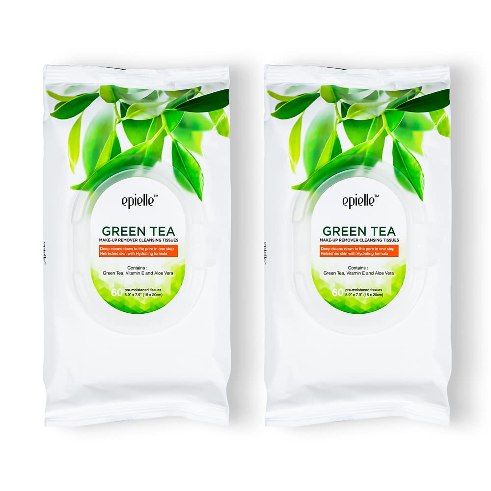 Epielle Green Tea Makeup Remover Wipes, Gentle Daily Facial Cleanser Towelettes, Remove Dirt, Oil & Waterproof Mascara, Hypoallergenic & Alcohol-Free, 60 Count (Pack of 2)