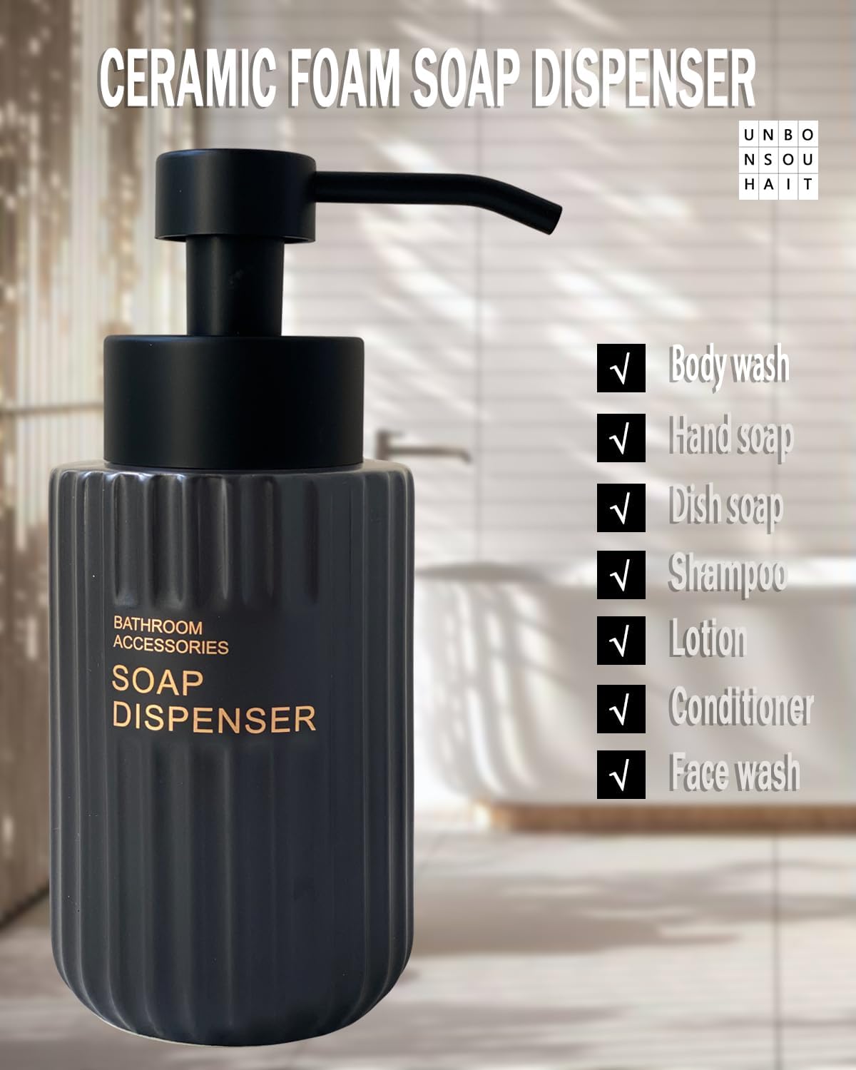 11.5 Oz Foaming Soap Dispenser for Bathroom,Kitchen Foam Soap Dispenser,Refillable Modern Foam Pump Bottle,Black Ceramic Foaming Hand Pump Dispenser (Black Stripe)