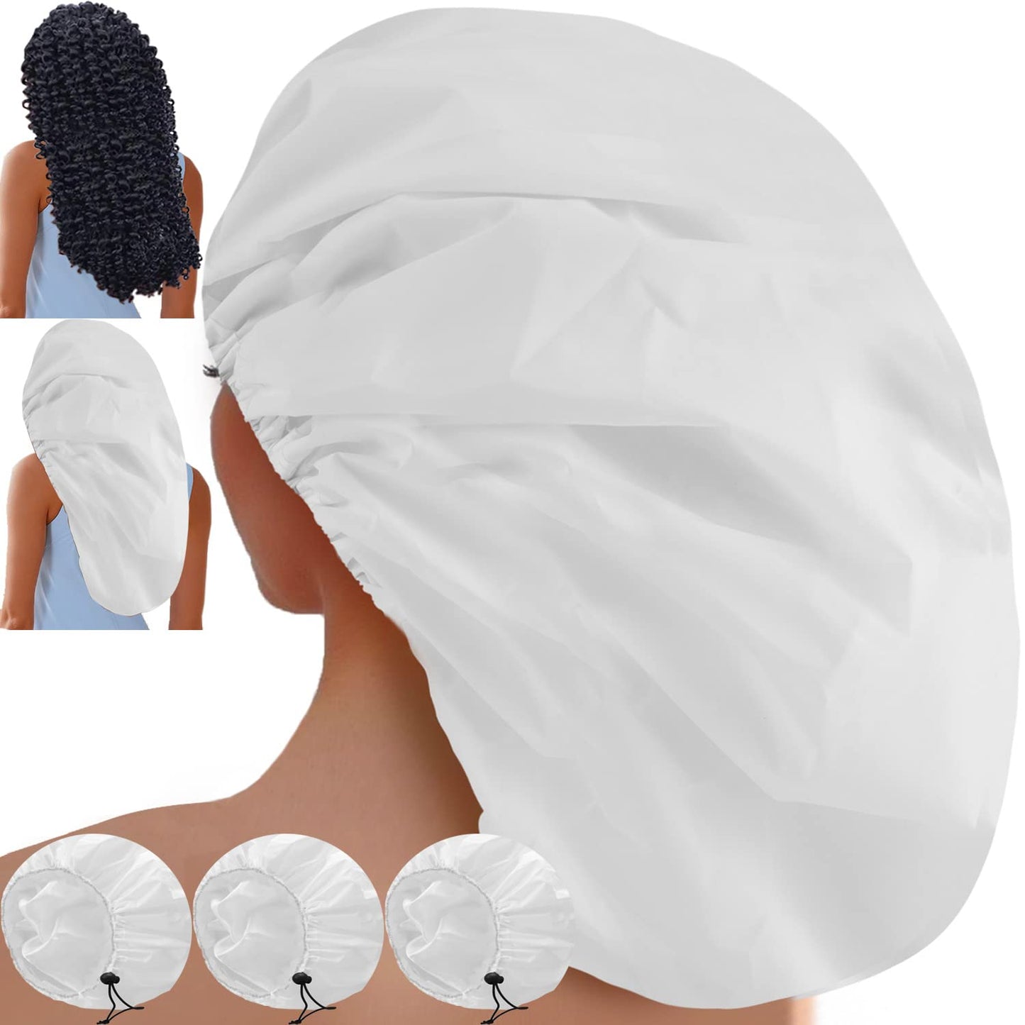 3 Pcs Extra Large Shower Caps for Women, Waterproof Adjustable XL Jumbo Satin Lined Shower Cap for Long Hair & Braids, Reusable Double Layer Large Bath Cap for Dreadlocks, Locs (White)