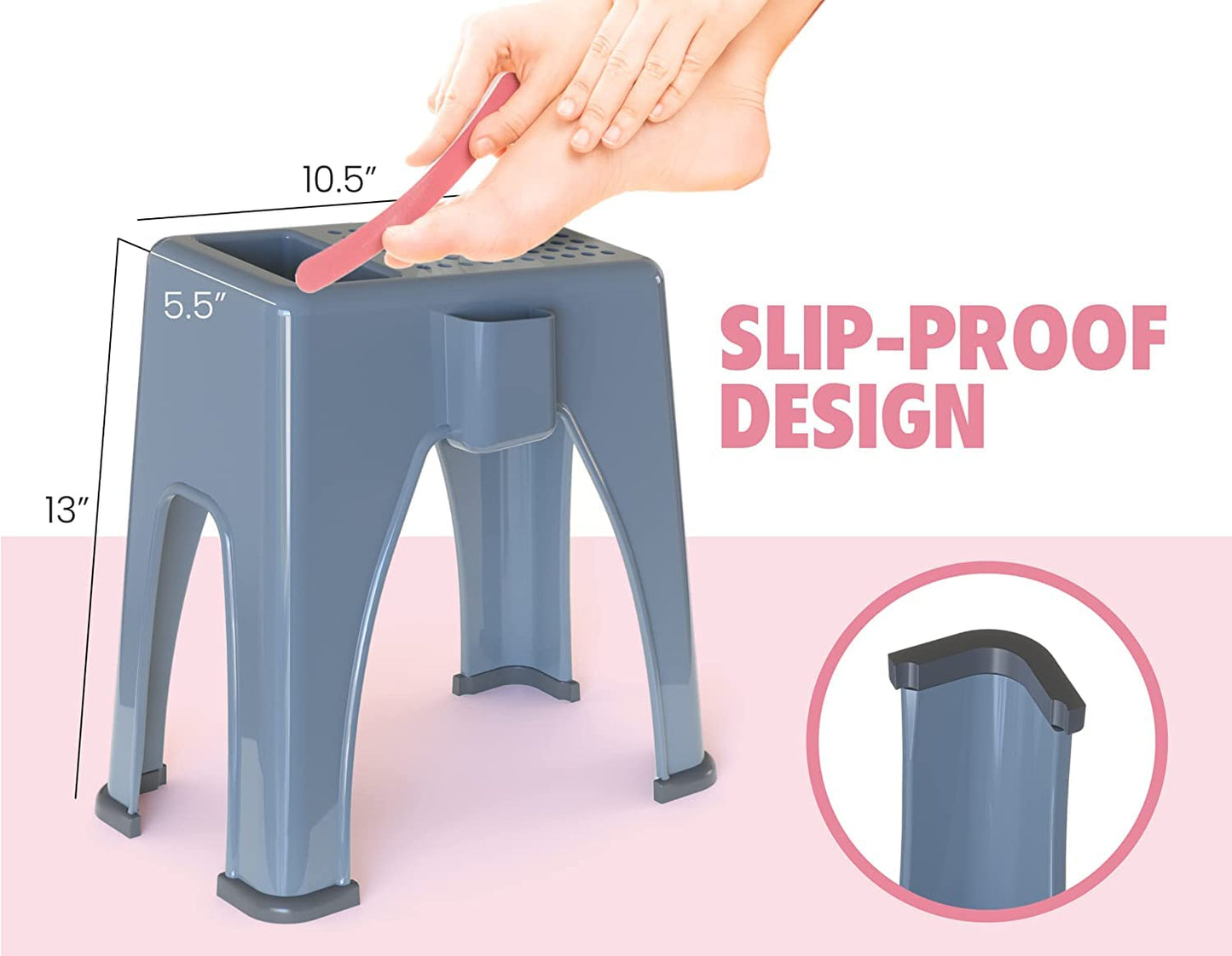 TidyFriend Shower Foot Rest 9.27 x 7 x 10 Inches, Plastic Pedicure Foot Rest, 3 Pockets Shower Stool for Shaving Legs Hold Shaving Essentials (Grey)