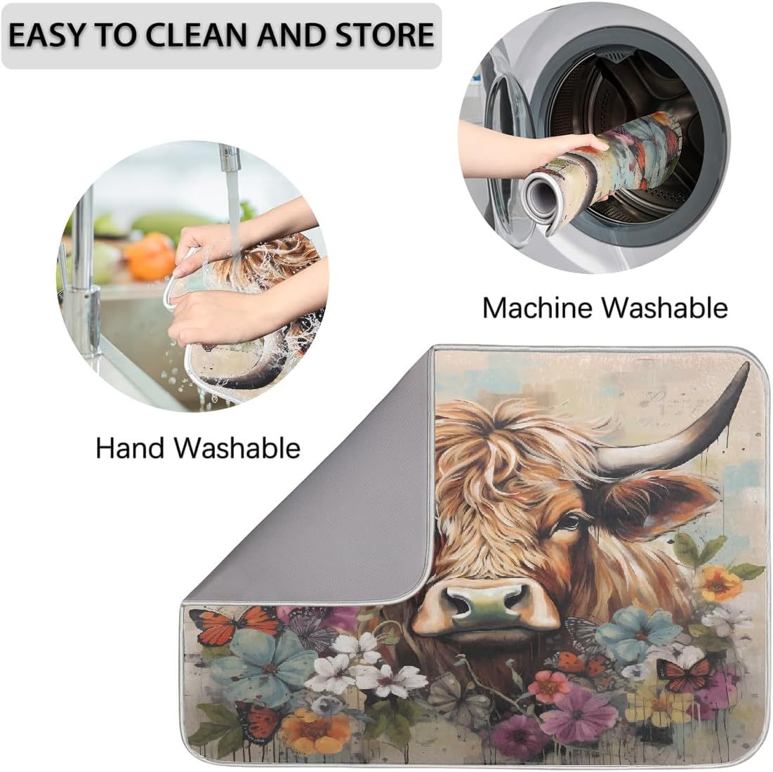 Dish Drying Mat Highland Cow Graffiti Floral Western Farm Large Drying Mat for Kitchen Counter 18x24in Absorbent Dish Drainer Rack Pad, Heat Resistant Coffee Bar Mats Countertop Protector