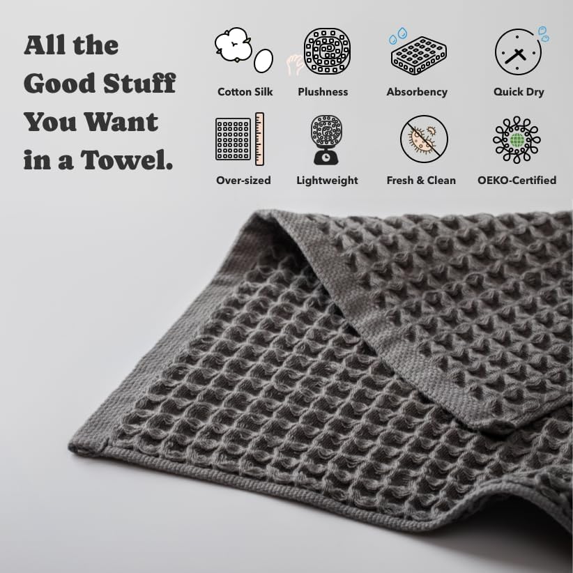 Luxury Japanese Cotton Waffle Bath Towel | Plush, Absorbent, and Quick Dry | Free Storage Bag Included (Smoke Grey, Bath Sheet Set (3-Piece))