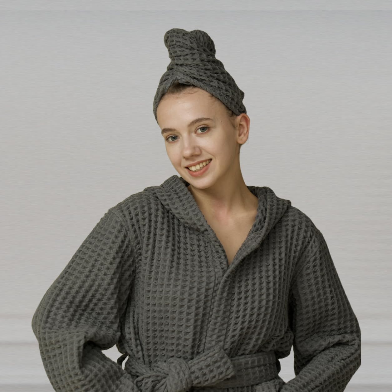 Hair Towel | 100% Cotton Silk Hair-Drying Waffle Wrap Turban for Women, Ultra-Absorbent, Anti Frizz, Hair Damage Protection for Straight and Curly Hair (Smoke Grey, 2 Pack)