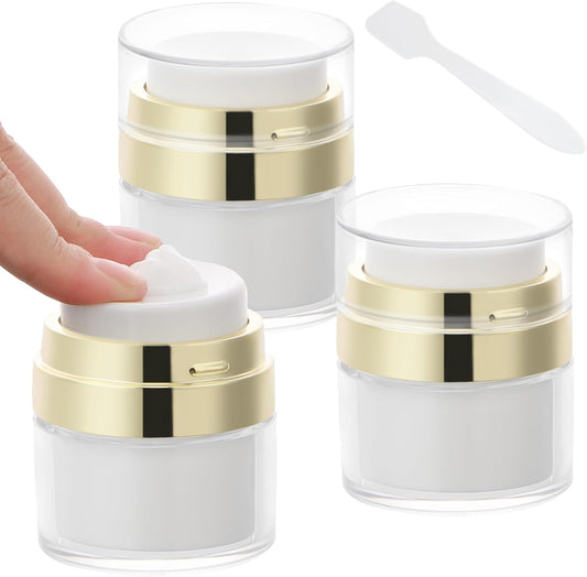Segbeauty Pack of 3 Travel Jars for Creams, 0.5oz Small Airless Pump Jars 15ml Refillable Travel Bottles Empty Lotion Container, Glass Jar for Toiletries Gold Moisturizer Container