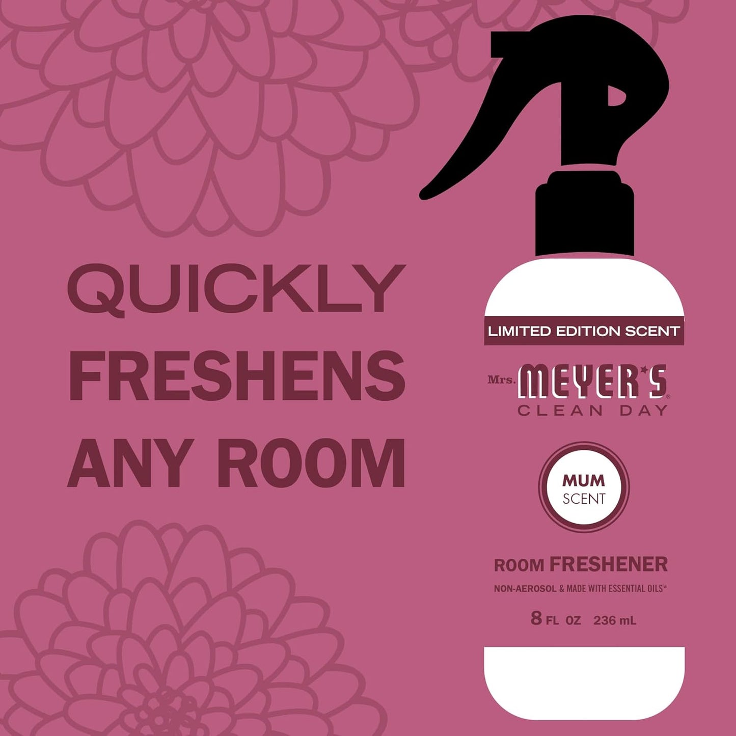 MRS. MEYER'S CLEAN DAY Room and Air Freshener Spray, Non-Aerosol Spray Bottle Infused with Essential Oils, Mum, 8 fl. oz