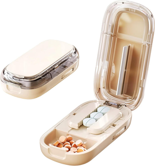 Portable Pill Cutter with Adjustable Slots – Multi Pill Splitter for Small & Large Tablets, Stainless Steel Blade, Clear Cut, Non-Slip Design, Easy to Use for Weekly Medication(Beige, 1/2)