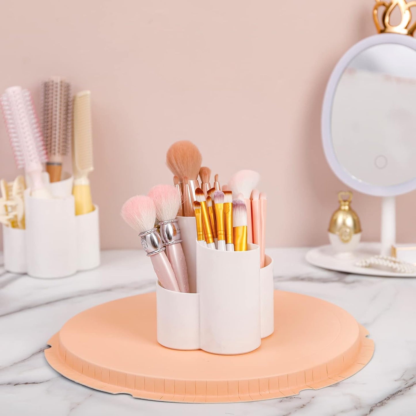 Yesesion Makeup Brush Holder Organizer for Vanity, Plastic Round Cosmetics Brushes Storage with 4 Compartment for Lipsticks, Hair Accessories, Beauty Tool in Bathroom, Dresser, Pencil Cup (White)