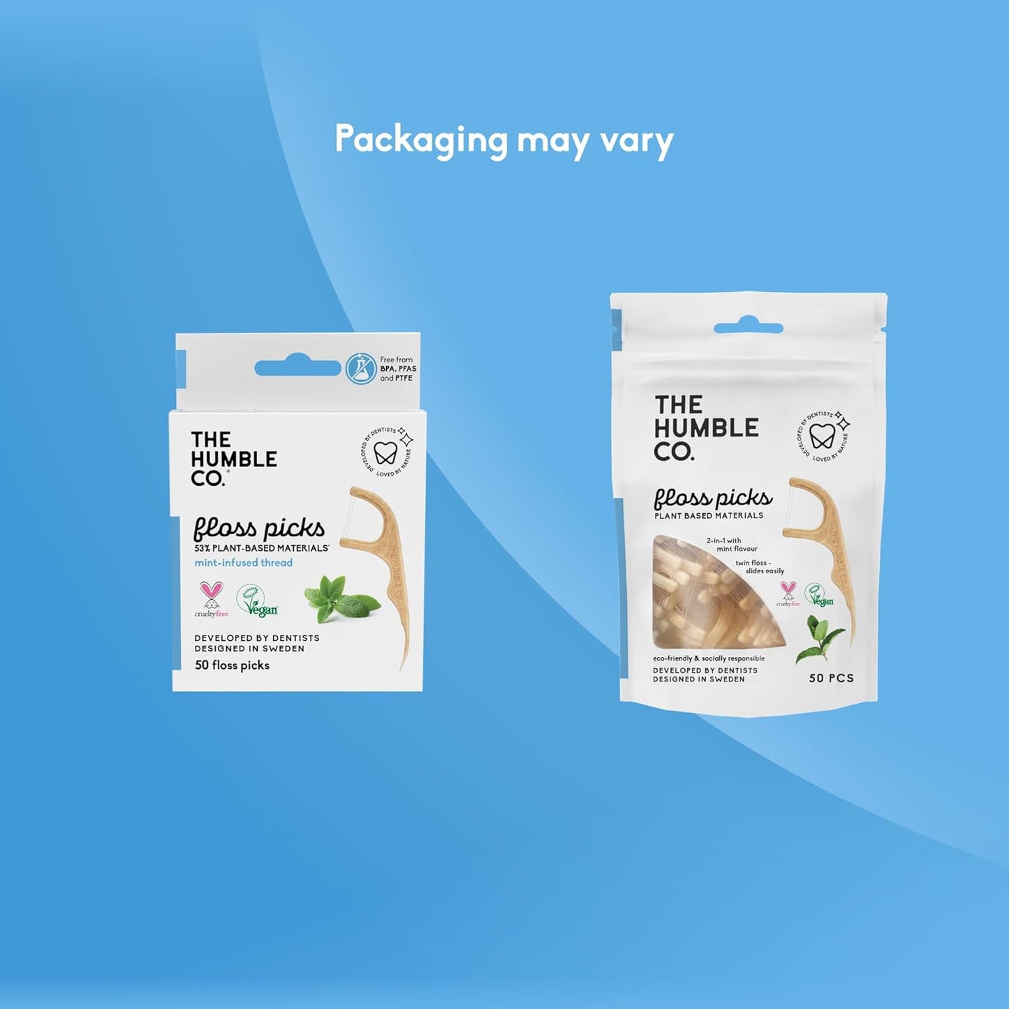 The Humble Co. Floss Picks (200 Count) – Plant Based Dental Floss Picks for Superior Oral Care, Dental Hygiene, and Gum Health, Cruelty Free Tooth Floss Picks (Mint, Double Thread)