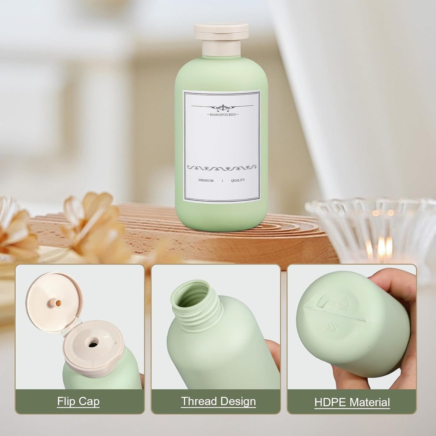 6.8oz Travel Bottles for Toiletries, Empty Plastic Squeeze Bottles with Flip Cap, Lotion Container for Toiletries Travel Size Shampoo and Conditioner (3 pack Green)