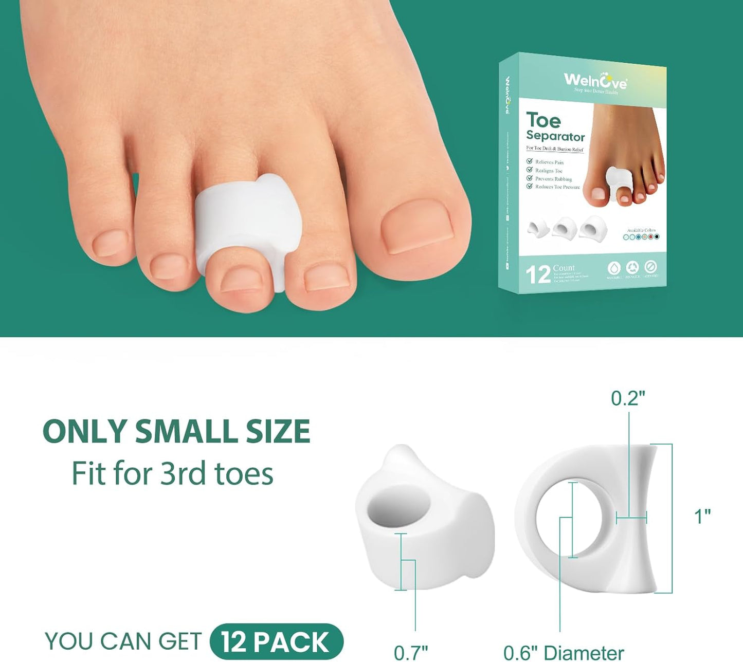 Welnove Toe Separator for Overlapping Toes - 12 PackToe Spacers for Bunions - Toe Corrector for Hammer Toes, Realign Crooked Toes - Preventing Rubbing Relieve Pressure (Small, White)