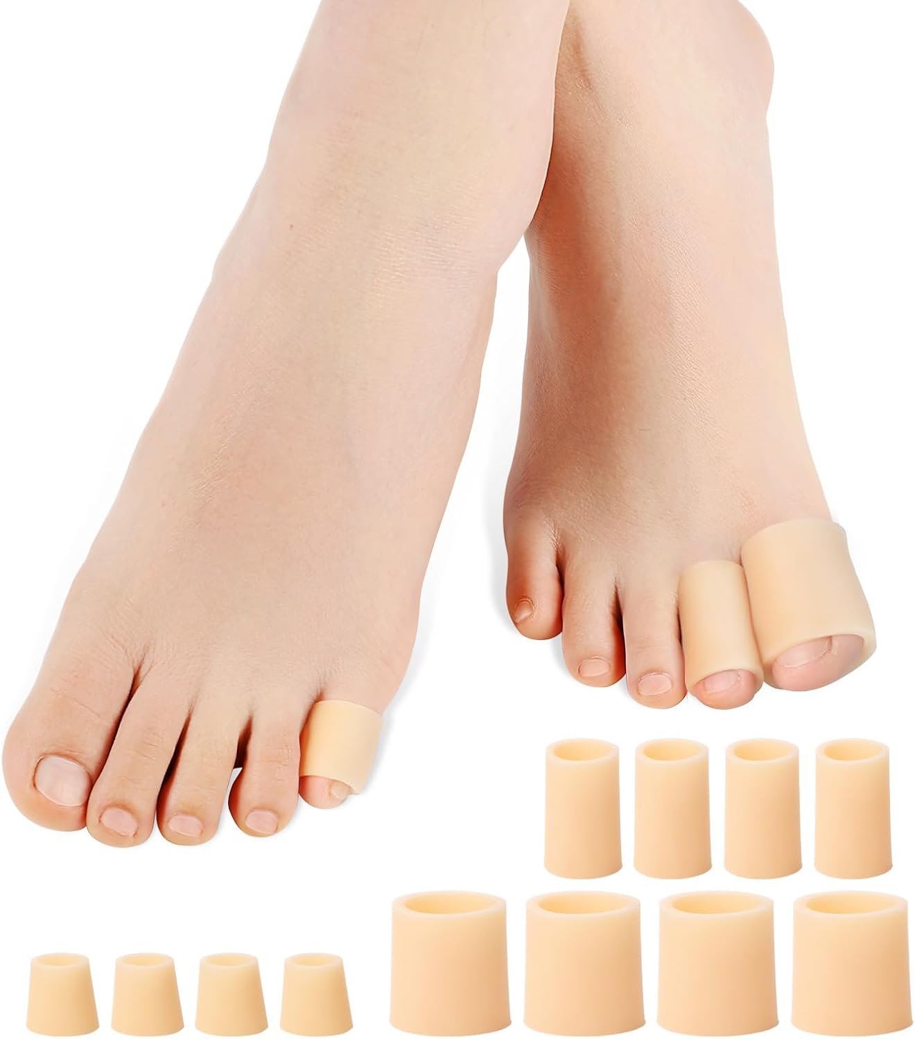 Povihome Toe Sleeves, Toe Protectors, 12 Pack Toe Tube Pads for Hammer Toe,Stubbed Toe,Corns, Calluses Protect (3 Different Sizes, Beige)