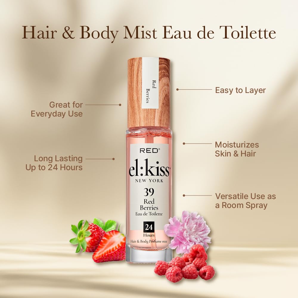 EL:KISS Hair Perfume & Body Mist, Red Berries Inspired by YSt L's Mon Paris, Eau de Toilette 30mL (1.01 Fl Oz), Hydrating & Long-Lasting, Alcohol & Mineral Oil-Free, Jojoba, Argan Oil & Aloe Vera